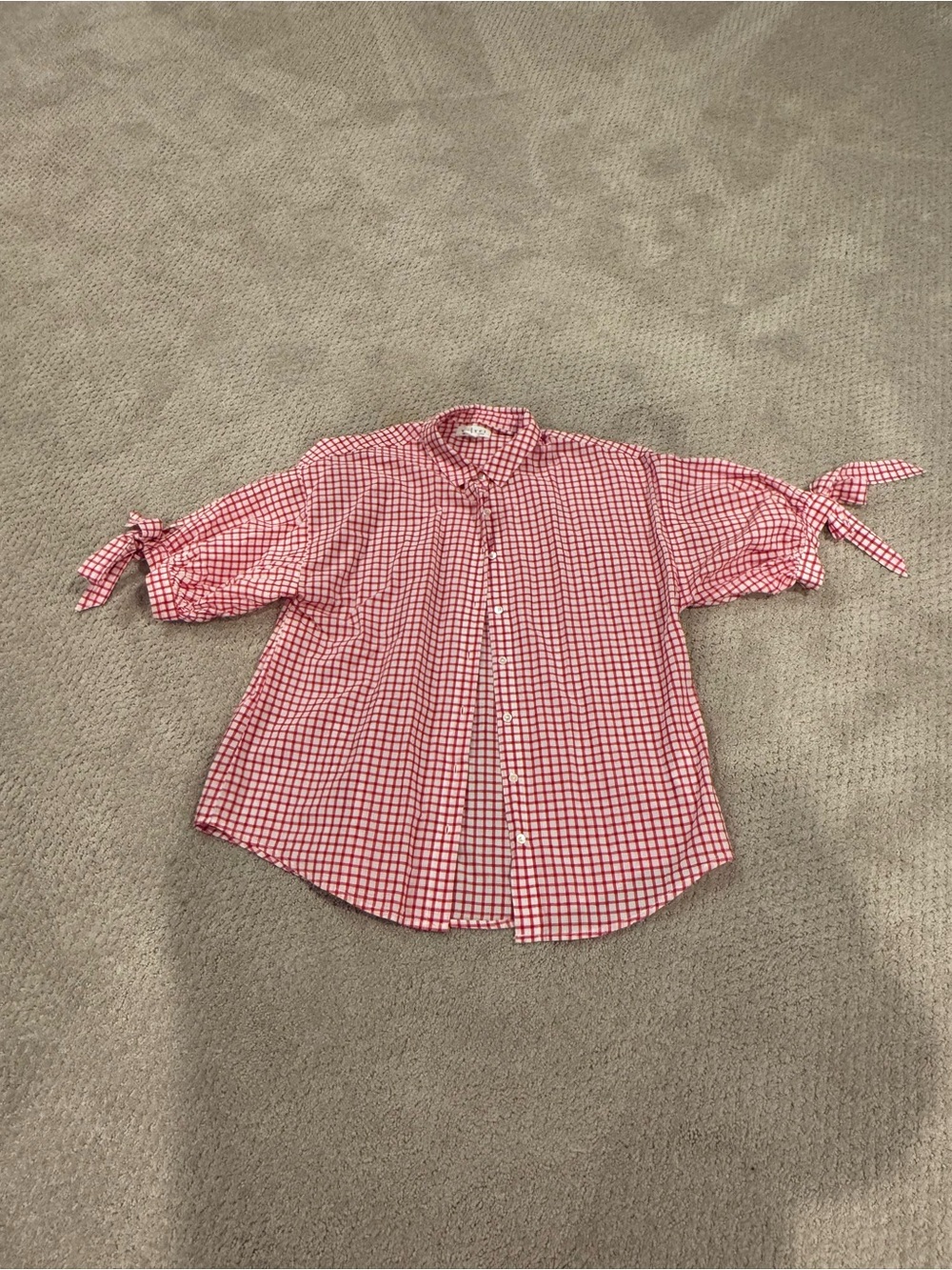 Red Gingham Button-Front Tie-Sleeve Blouse